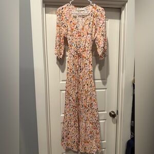 Petal & Pup Pink Floral V‑Neck Maxi Dress with Tie Waist
